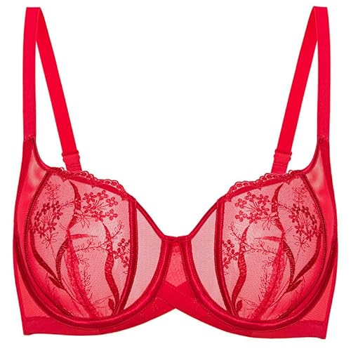 Deyllo Sexy Spitzen Damen BH mit Bügel Push Up Durchsichtige BH Rückenfrei Soft Komfort BH Balconette Klassische BH Trägeverstellbar BH Ungepolstert Rot 90C/40C von Deyllo