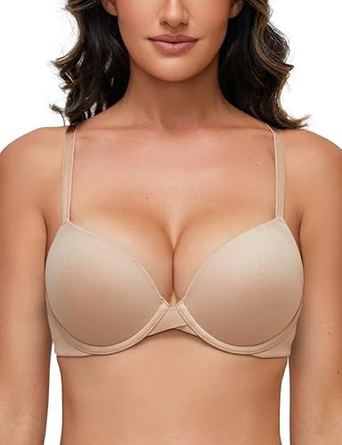 Deyllo Super Push up BH Damen mit Bügel Extrem Seamless T-Shirt BHS Comfy Gepolstert Bra Body Make up für Kleine Brüste Milchtee 80E von Deyllo
