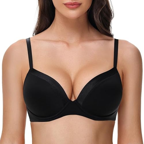 Deyllo Super Push up BH Damen mit Bügel Soft Tshirt BH Seamless Nahtloser BH Unsichtbarer Klassische BHS mit Push up Pads für Kleine Brüste Bequemer Anti Sag Schwarz 75E von Deyllo