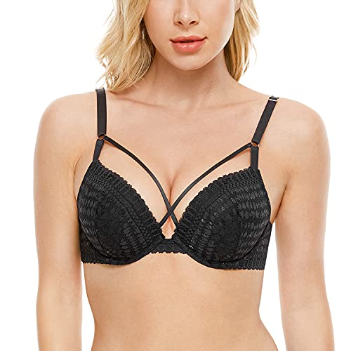 Deyllo Women´s Comfy Push Up BH Spitze BH Gepolsterter Bügel BH Lift Up Fügen Sie eine Tasse hinzu(Schwarz,70E) von Deyllo