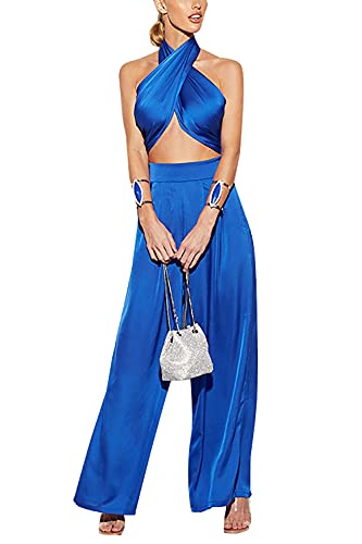 Dgebou Sommer Elegante Zweiteilige Outfits für Frauen, Sexy Halfter Criss Cross Crop Tops und Weite Bein Hosen Sets Glänzend Clubwear, Blau 1, M von Dgebou