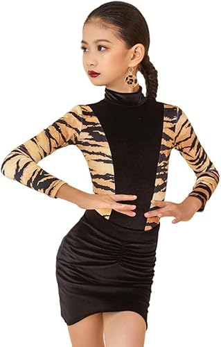 DgtZyrih Mädchen Latein Tanzkleid, Leopard Print Design Tanz Outfit Kind Wettbewerb Tanz Bekleidung Gesellschaftssaal Tango Salsa Rock Kind Kostüm Praxis Tanz Kleidung,Schwarz,160 von DgtZyrih