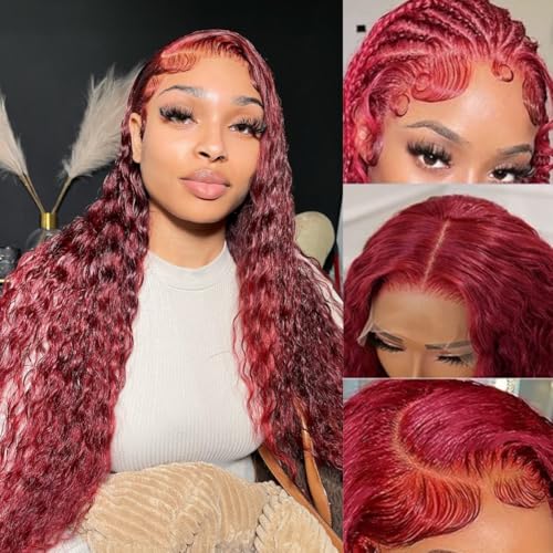 Frauen Burgunder tiefe Welle 13 x 4 Echthaar 99J Lace Frontal Perücken brasilianische Wasserwelle Lace Front Perücke Natürlich aussehend(26inches) von Dh2yjnbf3