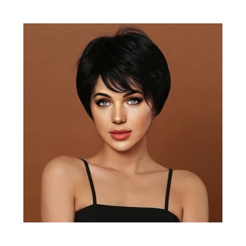 Frauen Mode Kurze Perücke Frau Kurze Glatte Haare Seite Schräge Pony Synthetische Faser Perücke Natürlich aussehend(204-black) von Dh2yjnbf3