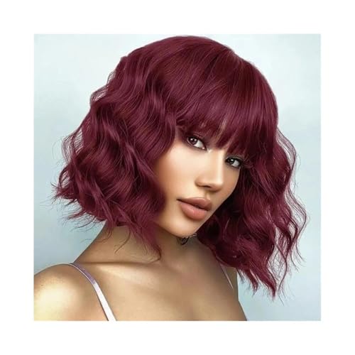 Frauen Rote kurze, tief gewellte Bob-Perücke aus 100% Echthaar mit Pony for Frauen Natürlich aussehend(18inches) von Dh2yjnbf3