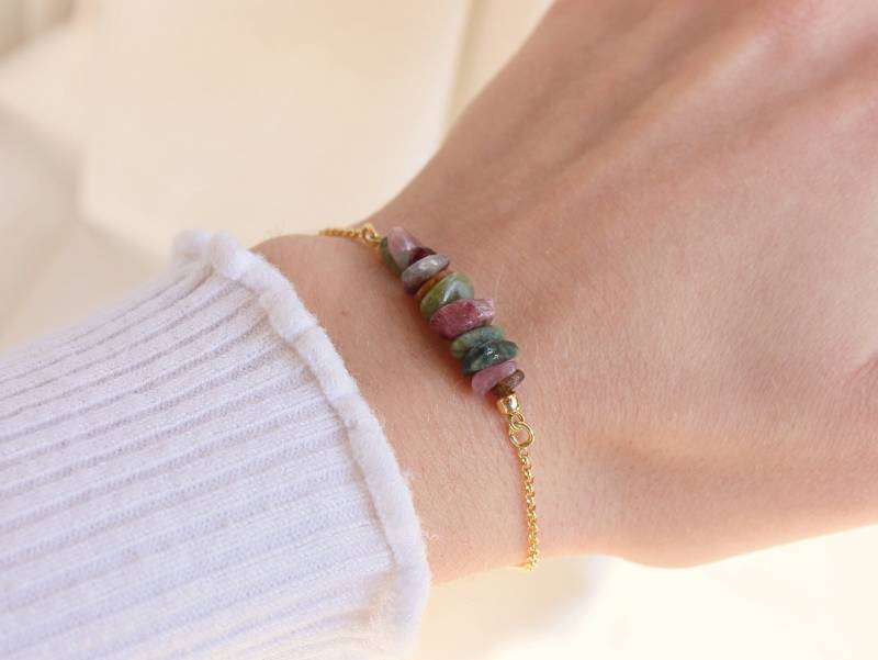 Turmalin Splitter Armband in Vergoldet Bunte Edelstein Perlen von DhanaJewels