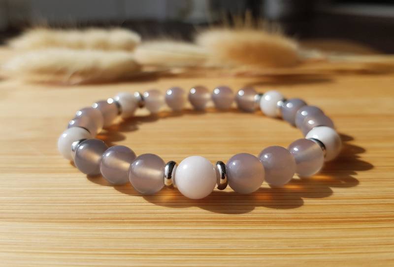 Achat-Armband - 8 Mm Stretch Grau/Weiß von DhimahiDesign