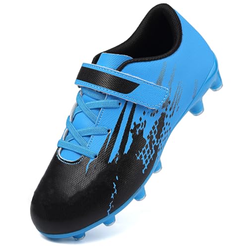 Dhinash Fußballschuhe Jungen Stollen Fussballschuhe Kinder Kunstrasen Fussball Schuhe Spikes Trainingsschuhe Turnschuhe Mädchen Outdoor Turf Football Schuhe Unisex Schwarz Blau Gr.39 von Dhinash
