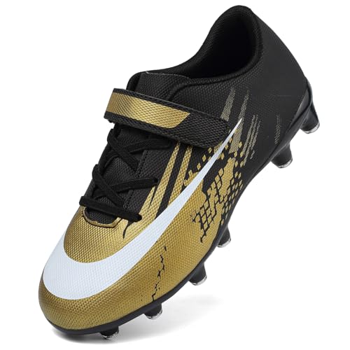 Dhinash Fußballschuhe Jungen Stollen Fussballschuhe Kinder Kunstrasen Fussball Schuhe Spikes Trainingsschuhe Turnschuhe Mädchen Outdoor Turf Football Schuhe Unisex Schwarz Gold Gr.32 von Dhinash