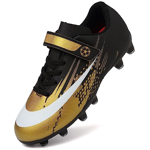 Dhinash Fußballschuhe Jungen Stollen Fussballschuhe Kinder Kunstrasen Fussball Schuhe Spikes Trainingsschuhe Turnschuhe Mädchen Outdoor Turf Football Schuhe Unisex Schwarz Gold Gr.33 von Dhinash