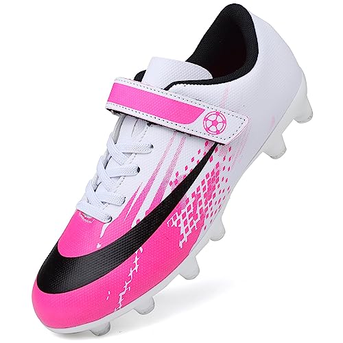 Dhinash Fußballschuhe Jungen Stollen Fussballschuhe Kinder Kunstrasen Fussball Schuhe Spikes Trainingsschuhe Turnschuhe Mädchen Outdoor Turf Football Schuhe Unisex Weiß Rosa Gr.32 von Dhinash