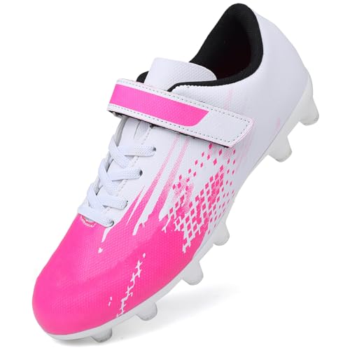 Dhinash Fußballschuhe Jungen Stollen Fussballschuhe Kinder Kunstrasen Fussball Schuhe Spikes Trainingsschuhe Turnschuhe Mädchen Outdoor Turf Football Schuhe Unisex Weiß Rosa Gr.38 von Dhinash