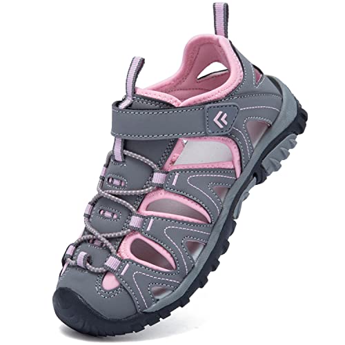 Dhinash Sandalen für Jungen Sport Outdoorsandalen Kinder Mädchen Sportsandalen Geschlossen Trekkingsandalen Wandersandalen Wassersandalen Strandschuhe Sommer Grau Rosa 30EU von Dhinash