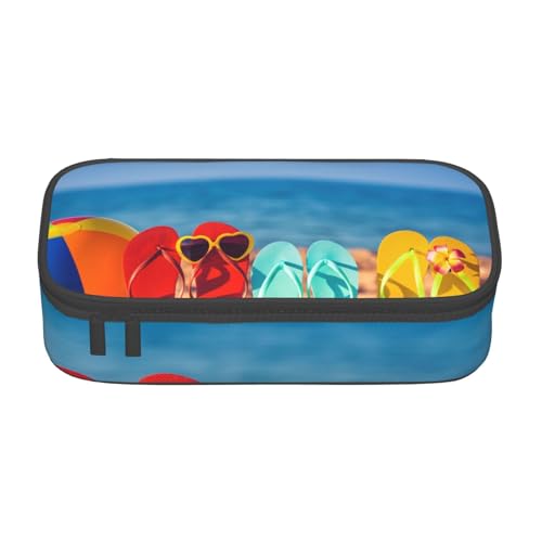 Dhnblqdp Flip-Flops On A Sandy Beach Print Großes Federmäppchen für Jungen und Mädchen, großes Federmäppchen, Stifttasche, Schreibwaren-Organizer, Make-up-Tasche für Erwachsene, Bürobedarf von DHNBLQDP