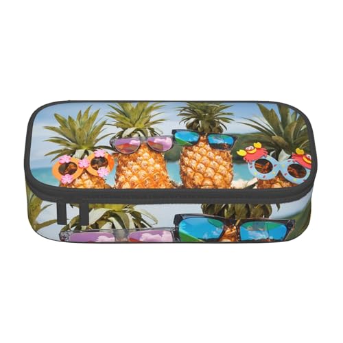 Dhnblqdp Großes Federmäppchen mit Ananas-Frucht-Sonnenbrille, Sand-Strand-Druck, großes Federmäppchen für Jungen und Mädchen, Stifteetui, Schreibwaren-Organizer, Make-up-Tasche für Erwachsene von DHNBLQDP
