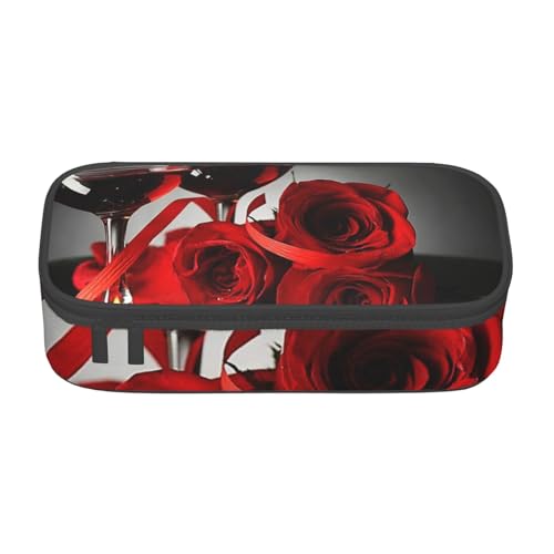 Dhnblqdp Großes Federmäppchen mit Rotweinrosen- und Kerzendruck, für Jungen und Mädchen, großes Federmäppchen, Schreibwaren-Organizer, Make-up-Tasche für Erwachsene, Bürobedarf von DHNBLQDP
