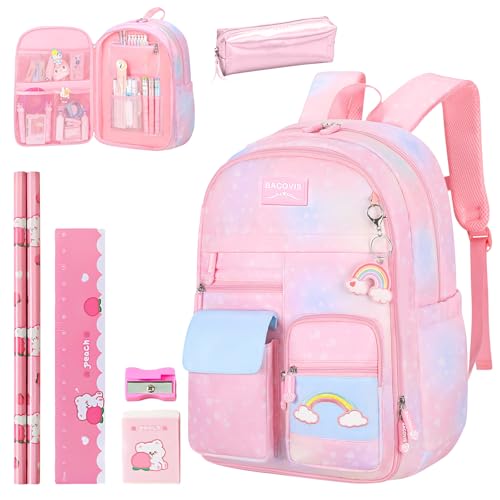 Dhnvcud Schulrucksack Mädchen Teenager, 7 Stück Kinderrucksack Mädchen mit Federmäppchen und Schreibwaren Set - Rucksack Kinder Große Kapazität Schulranzen mit Brustschnalle für Kinder 6-12 Jahre von Dhnvcud