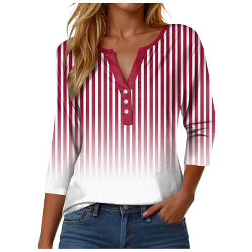 Bluse Damen 3/4 Arm V-Ausschnitt Basic Shirt Baumwolle Langarmshirt Oversize Sommerblusen Leicht und Luftig Hemdbluse Sommer Oberteile Elegant Tops mit Knopf (2-Red, L) von DhogSuai