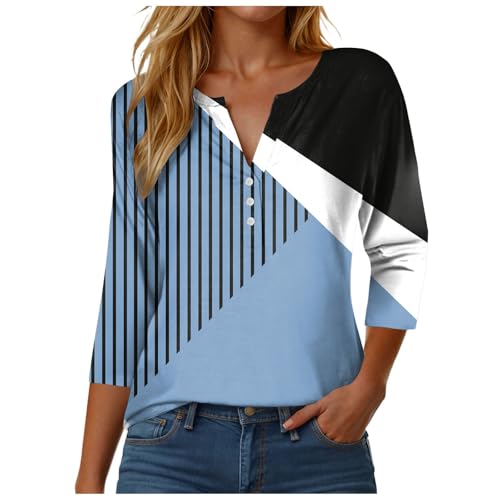Bluse Damen 3/4 Arm V-Ausschnitt Basic Shirt Baumwolle Langarmshirt Oversize Sommerblusen Leicht und Luftig Hemdbluse Sommer Oberteile Elegant Tops mit Knopf (3-Sky Blue, XXXL) von DhogSuai