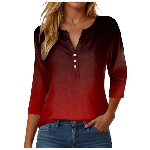 Bluse Damen 3/4 Arm V-Ausschnitt Basic Shirt Baumwolle Langarmshirt Oversize Sommerblusen Leicht und Luftig Hemdbluse Sommer Oberteile Elegant Tops mit Knopf (4-Red, L) von DhogSuai