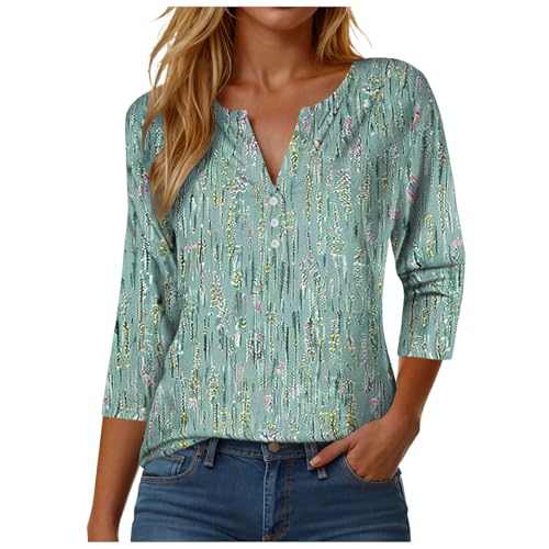 Bluse Damen 3/4 Arm V-Ausschnitt Basic Shirt Baumwolle Langarmshirt Oversize Sommerblusen Leicht und Luftig Hemdbluse Sommer Oberteile Elegant Tops mit Knopf (7-Green, M) von DhogSuai