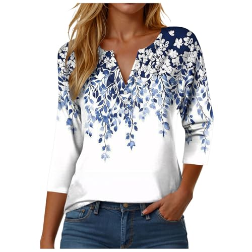 Bluse Damen 3/4 Arm V-Ausschnitt Basic Shirt Baumwolle Langarmshirt Oversize Sommerblusen Leicht und Luftig Hemdbluse Sommer Oberteile Elegant Tops mit Knopf (7-Navy, XL) von DhogSuai