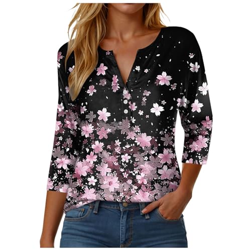 Bluse Damen 3/4 Arm V-Ausschnitt Basic Shirt Baumwolle Langarmshirt Oversize Sommerblusen Leicht und Luftig Hemdbluse Sommer Oberteile Elegant Tops mit Knopf (M) von DhogSuai