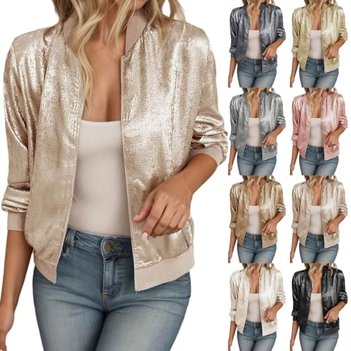 Bomberjacke Damen Kurze Blouson Jacke Casual Übergangsjacke Elegant Dünne Jacken Zip Up Herbstjacke Leichte Coat Glitzer Festival Outfit (A-Light Yellow, S) von DhogSuai