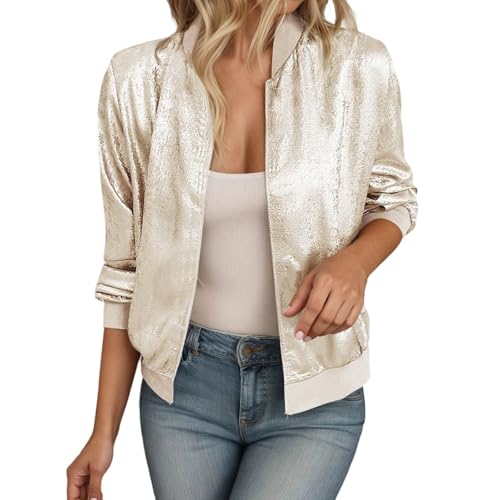 DhogSuai Bomberjacke Damen Kurze Blouson Jacke Casual Übergangsjacke Elegant Dünne Jacken Zip Up Herbstjacke Leichte Coat Glitzer Festival Outfit (White, L) von DhogSuai