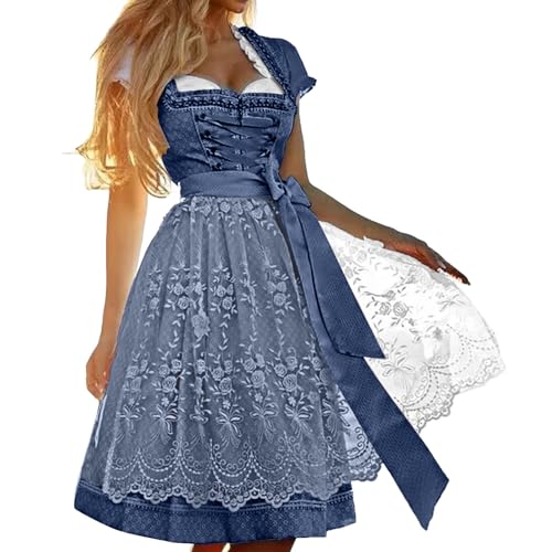 DhogSuai Dirndl Damen Midi Dirndlkleid Elegant Lang Trachtenkleid Trachtenrock Dirndl-Komplettsets 3 Teilig Spitze Schwarz Rosa Oktoberfest Outfit Dirndelkleider (10-Dark Blue, S) von DhogSuai
