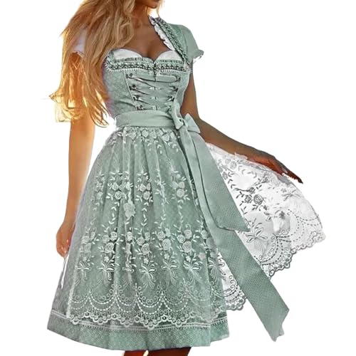 DhogSuai Dirndl Damen Midi Dirndlkleid Elegant Lang Trachtenkleid Trachtenrock Dirndl-Komplettsets 3 Teilig Spitze Schwarz Rosa Oktoberfest Outfit Dirndelkleider (10-Green, XXL) von DhogSuai