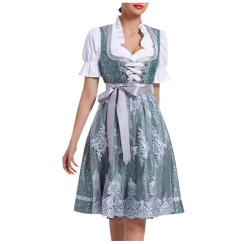 DhogSuai Dirndl Damen Midi Dirndlkleid Elegant Lang Trachtenkleid Trachtenrock Dirndl-Komplettsets 3 Teilig Spitze Schwarz Rosa Oktoberfest Outfit Dirndelkleider (18-Dark Green, S) von DhogSuai