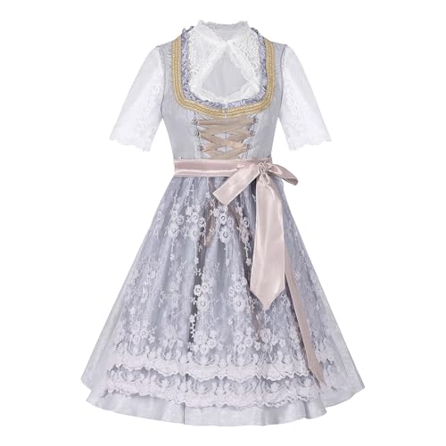 DhogSuai Dirndl Damen Midi Dirndlkleid Elegant Lang Trachtenkleid Trachtenrock Dirndl-Komplettsets 3 Teilig Spitze Schwarz Rosa Oktoberfest Outfit Dirndelkleider (20-Grey, L) von DhogSuai