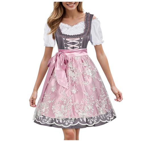 DhogSuai Dirndl Damen Midi Dirndlkleid Elegant Lang Trachtenkleid Trachtenrock Dirndl-Komplettsets 3 Teilig Spitze Schwarz Rosa Oktoberfest Outfit Dirndelkleider (L) von DhogSuai