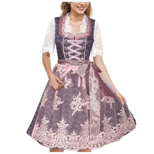 DhogSuai Dirndl Damen Midi Dirndlkleid Elegant Lang Trachtenkleid Trachtenrock Dirndl-Komplettsets 3 Teilig Spitze Schwarz Rosa Oktoberfest Outfit Dirndelkleider (M) von DhogSuai