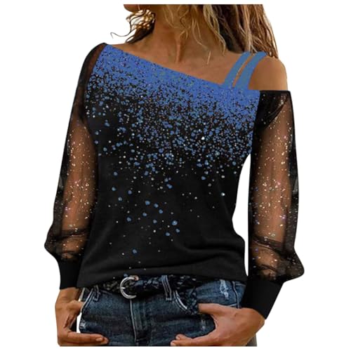 DhogSuai Langarmshirt Damen Glitzer Oberteile Mesh Pailletten Longsleeve Netzoberteil Stern Rundhals Top Elegante Festlich Glitzertop Party Outfit (01-Blue, M) von DhogSuai