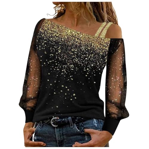 DhogSuai Langarmshirt Damen Glitzer Oberteile Mesh Pailletten Longsleeve Netzoberteil Stern Rundhals Top Elegante Festlich Glitzertop Party Outfit (01-Gold, M) von DhogSuai