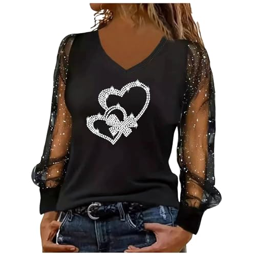 DhogSuai Langarmshirt Damen Glitzer Oberteile Mesh Pailletten Longsleeve Netzoberteil Stern Rundhals Top Elegante Festlich Glitzertop Party Outfit (M) von DhogSuai