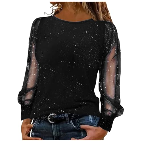DhogSuai Langarmshirt Damen Glitzer Oberteile Mesh Pailletten Longsleeve Netzoberteil Stern Rundhals Top Elegante Festlich Glitzertop Party Outfit (XXL) von DhogSuai