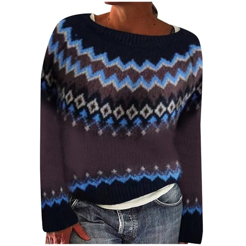 DhogSuai Pullover Damen Strickpullover Rundhals Sweatshirt Oversize Pulli Langarm Sweater Vintage Winterpullover Herbst Norweger Jumpers Fair Isle Damenpullover Strick Mode Outerwear (02-Coffee, XL) von DhogSuai
