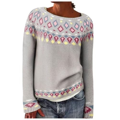 DhogSuai Pullover Damen Strickpullover Rundhals Sweatshirt Oversize Pulli Langarm Sweater Vintage Winterpullover Herbst Norweger Jumpers Fair Isle Damenpullover Strick Mode Outerwear (03-Grey, L) von DhogSuai