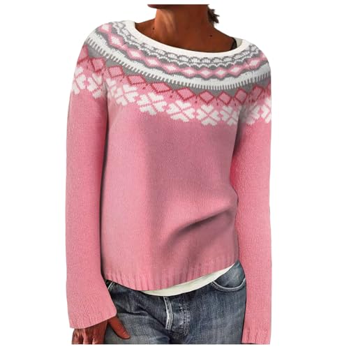 DhogSuai Pullover Damen Strickpullover Rundhals Sweatshirt Oversize Pulli Langarm Sweater Vintage Winterpullover Herbst Norweger Jumpers Fair Isle Damenpullover Strick Mode Outerwear (L) von DhogSuai