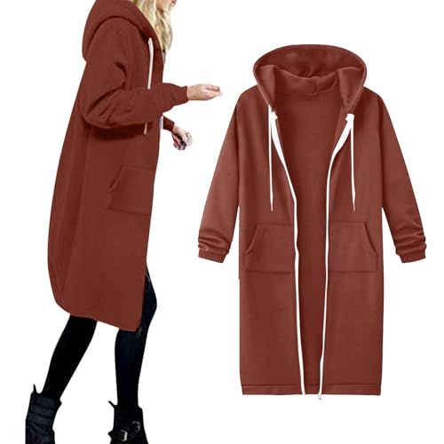 DhogSuai Sweatjacke Damen Lang Kapuzenjacke Zip Hoodie Oversize Übergangsjacke Herbstjacke Streetwear mit Taschen Größe S-5XL (Brick Red, L) von DhogSuai