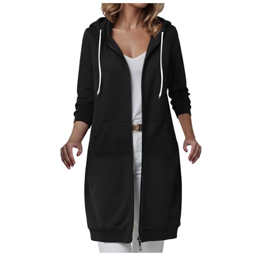 DhogSuai Sweatjacke Damen Oversized Zip Hoodie Übergangsjacke Lang Herbstjacke Baumwolle Sweatshirt Elegant Einfarbig Kapuzenjacke Große Größen Leichte Dünne Jacke mit Kapuze (XXL) von DhogSuai