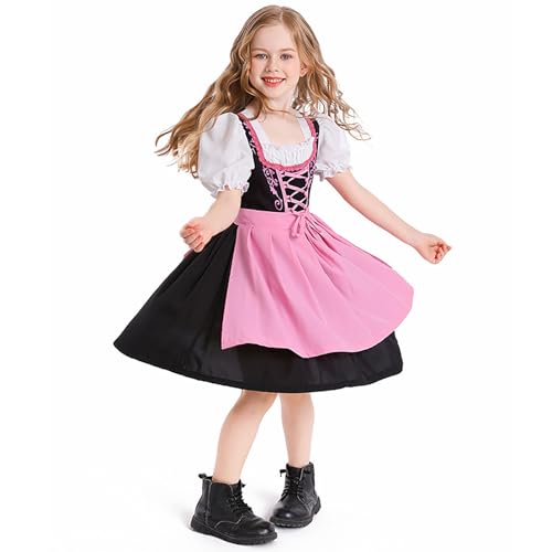 Dirndl Mädchen Kinder Baumwolle Midi Trachtenkleid mit Schürze Dirndl Set Tracht Kinderdirndl Oktoberfest Outfit Elegant Festliche Kleidung Mittelalter Kostüm (01-A-Red, 8-10 Years) von DhogSuai