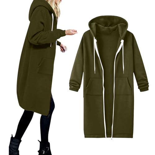 Sweatjacke Damen Lang Kapuzenjacke Zip Hoodie Oversize Übergangsjacke Herbstjacke Streetwear mit Taschen Größe S-5XL (Dark Green, XXXXXL) von DhogSuai