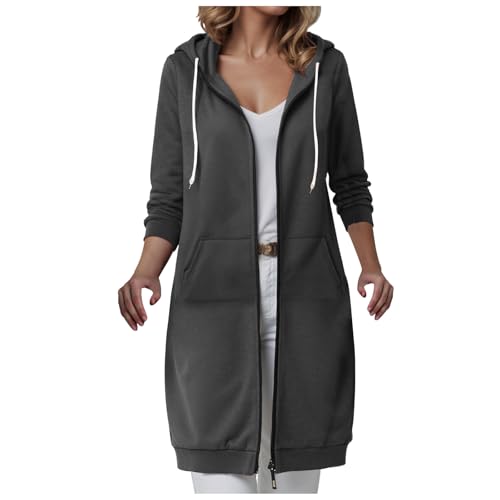 Sweatjacke Damen Oversized Zip Hoodie Übergangsjacke Lang Herbstjacke Baumwolle Sweatshirt Elegant Einfarbig Kapuzenjacke Große Größen Leichte Dünne Jacke mit Kapuze (Dark Gray, S) von DhogSuai