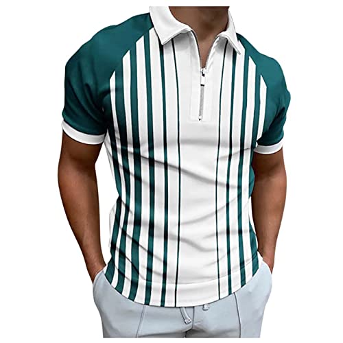 Sommer T-Shirts Herren Sommer Freizeithemd Vintage Frühling Streetwear Tops Regular Fit Herren T-Shirts Sommer Casual Poloshirt Mit Reißverschluss Polohemd Business Revers T-Shirt（XXL，Green-4） von Dhyuen