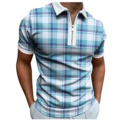 Herren T-Shirts Sommer Casual Kurzarmshirt Vintage Sommer Business Revers T-Shirt Frühling Sommer T-Shirts Herren Regular Fit Streetwear Tops Polohemd Poloshirt Mit Reißverschluss（M，Light Blue-2） von Dhyuen