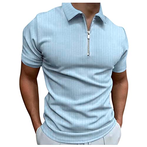 Herren T-Shirts Sommer Regular Fit Business Revers T-Shirt Vintage Casual Kurzarmshirt Sommer Sommer T-Shirts Herren Frühling Polohemd Poloshirt Mit Reißverschluss Freizeithemd（XL，Light Blue-5） von Dhyuen